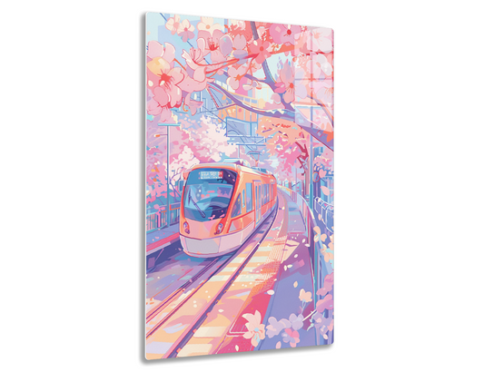 Train on elevated tracks amid cherry blossom trees in full bloom, creating a vibrant and picturesque scene of urban transportation surrounded by the beauty of nature.
