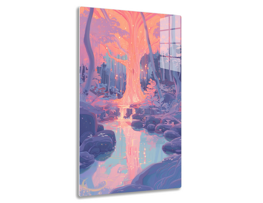 A vibrant and enchanting fantasy forest scene, with glowing orange archways formed by twisted tree trunks and branches illuminating a serene pond reflecting the ethereal lights, creating a mesmerizing and otherworldly atmosphere.
