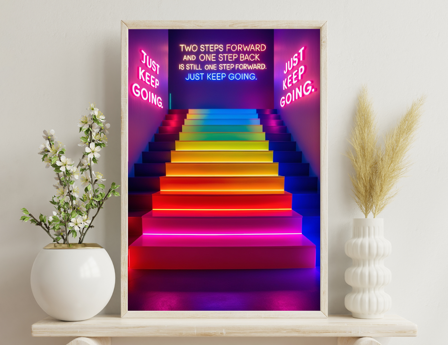 Neon-lit stairs in rainbow colors with motivational text "Two steps forward and one step back is still one step forward. Just keep going."
