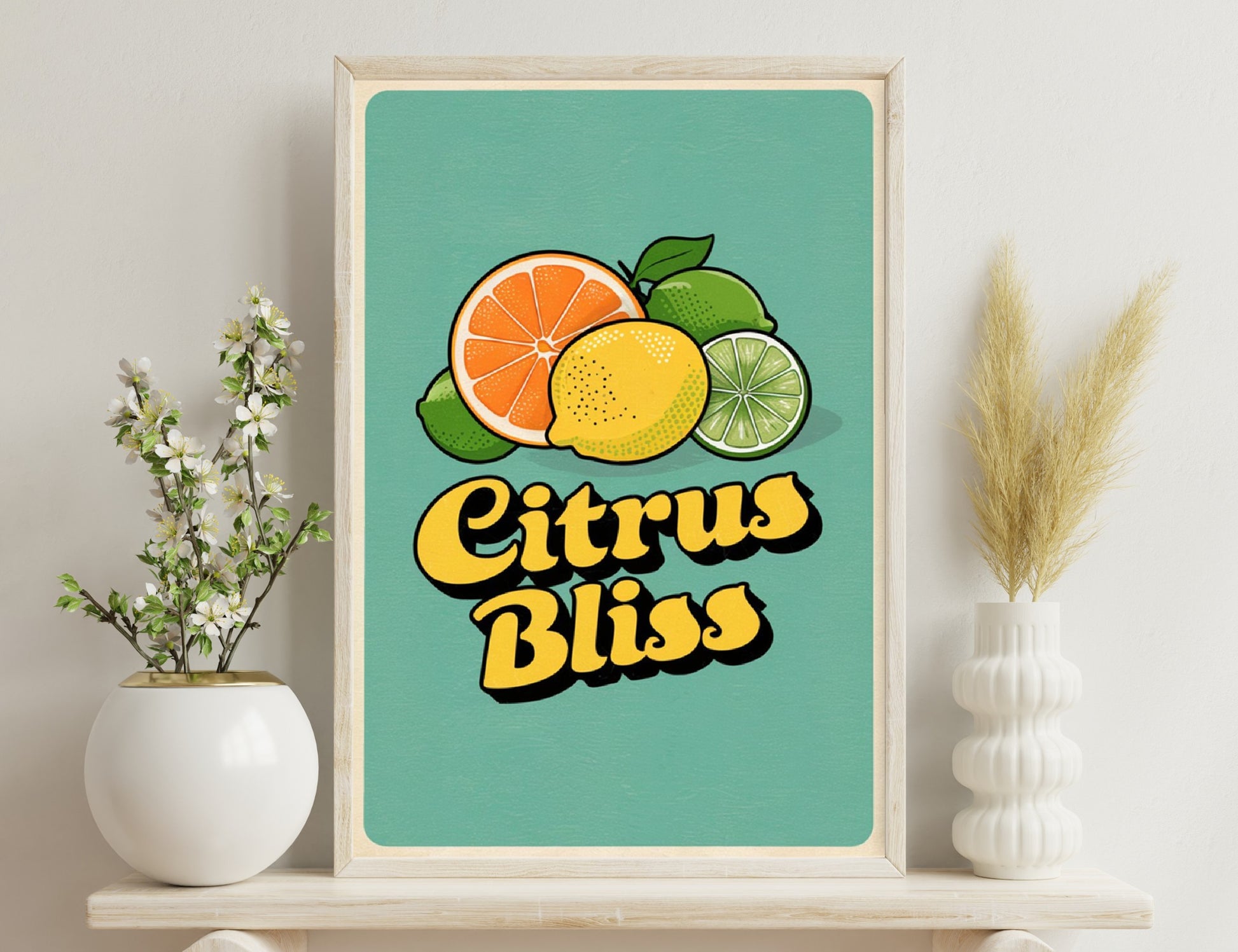 Stylized illustration of citrus fruits - orange, lemon, lime, and a green leaf on a teal background with the text "Citrus Bliss" in a retro style font.
