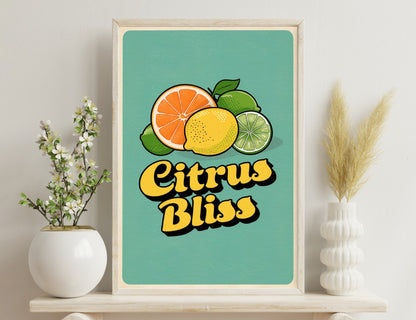 Stylized illustration of citrus fruits - orange, lemon, lime, and a green leaf on a teal background with the text "Citrus Bliss" in a retro style font.
