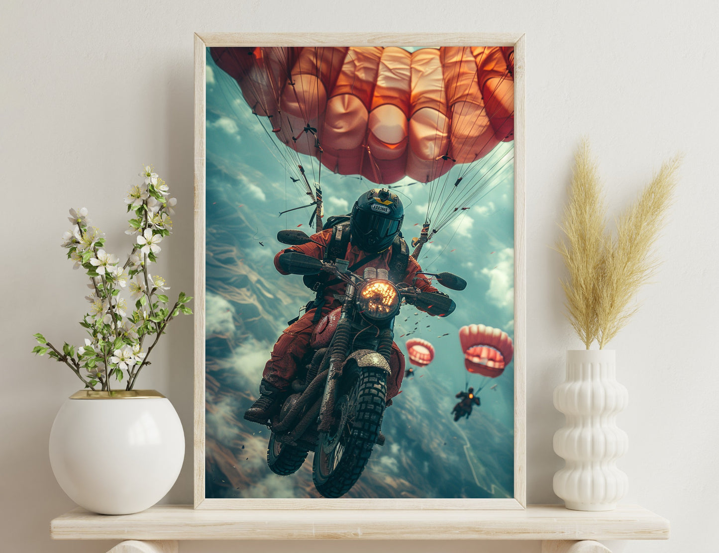 A daring motorcyclist with a parachute-equipped bike soars through the air amidst giant hot air balloons against a cloudy sky, creating a surreal and adventurous scene.
