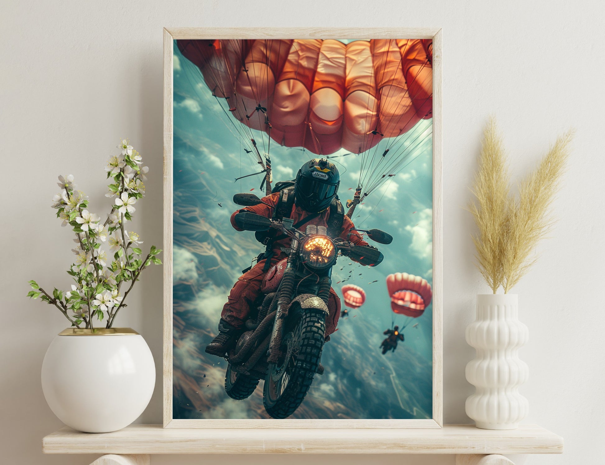 A daring motorcyclist with a parachute-equipped bike soars through the air amidst giant hot air balloons against a cloudy sky, creating a surreal and adventurous scene.
