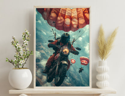 A daring motorcyclist with a parachute-equipped bike soars through the air amidst giant hot air balloons against a cloudy sky, creating a surreal and adventurous scene.
