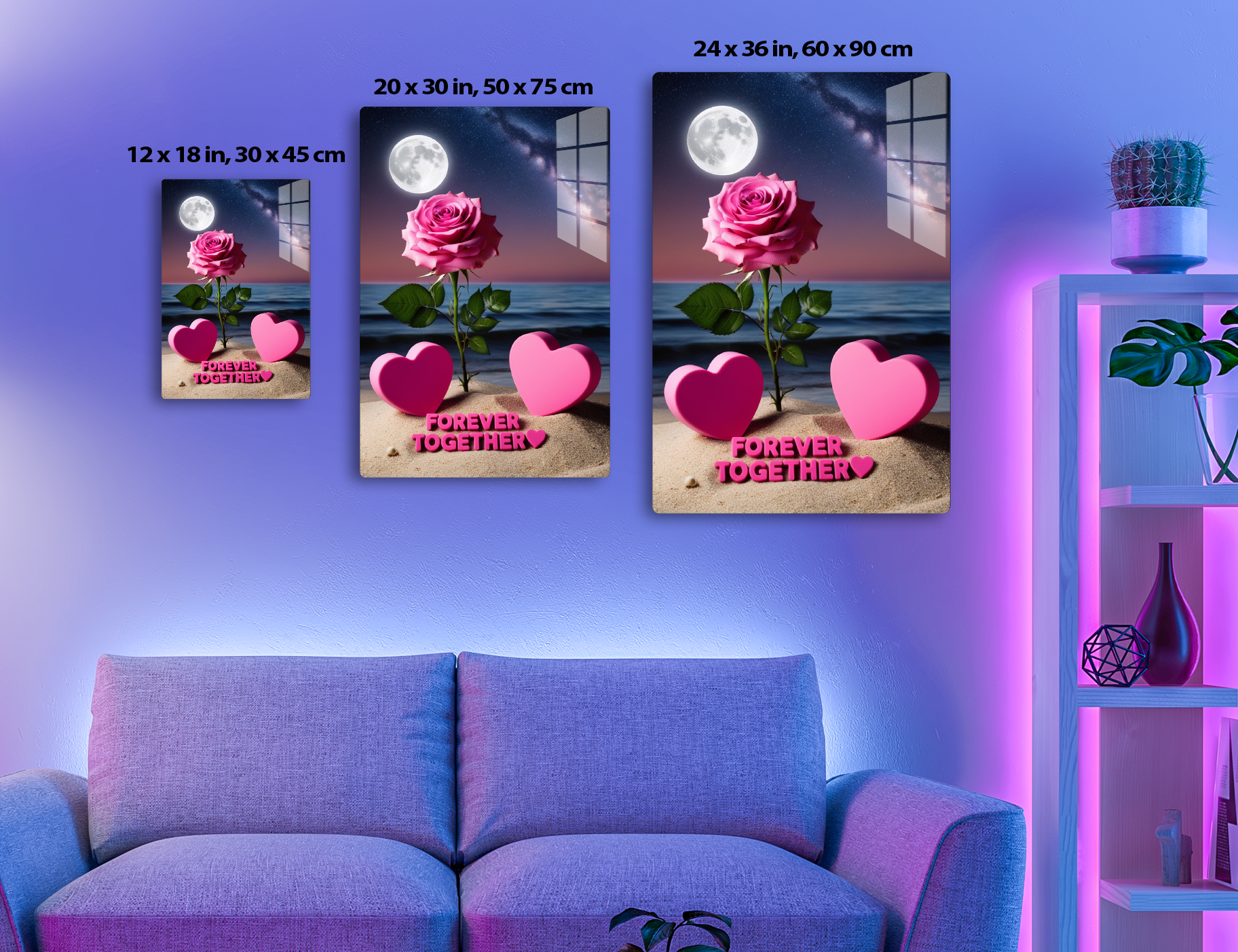 A single red rose against a night sky with a full moon and the Milky Way galaxy, accompanied by two pink heart shapes and the text "Forever Together" on a beach, representing eternal love.
