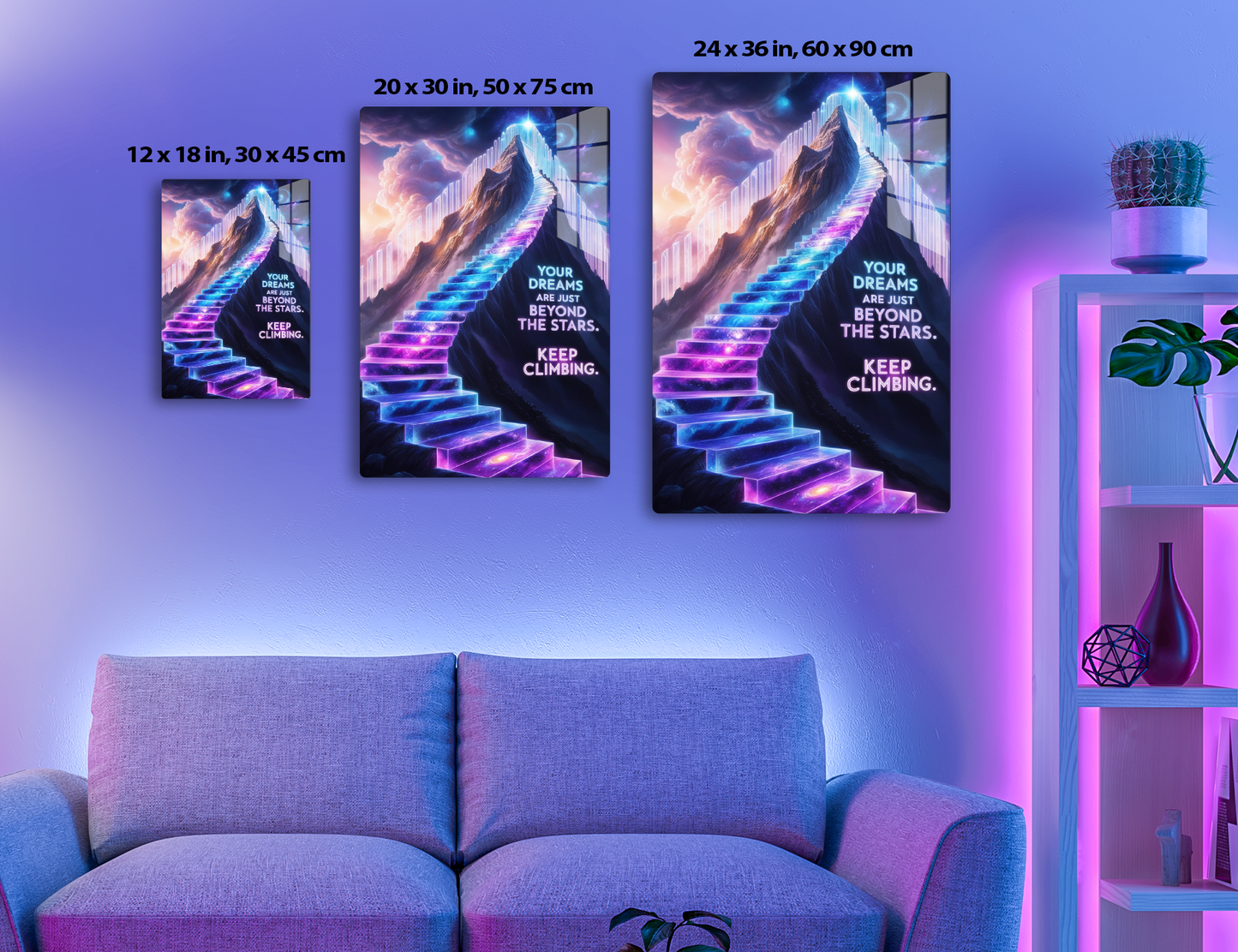 A surreal image depicting a stairway of glowing, colorful steps leading up to a towering mountain peak amidst cosmic clouds and stars, with an inspirational quote encouraging perseverance towards one's dreams.
