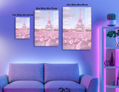 The Eiffel Tower in Paris stands tall against a cloudy sky, with a foreground blanketed in a surreal field of pink rose petals, creating a dreamy, romantic atmosphere.
