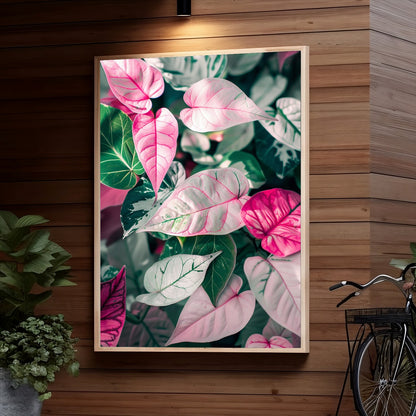 Closeup of vibrant pink and green tropical leaves with intricate vein patterns and varying shades, creating a lush, natural composition.
