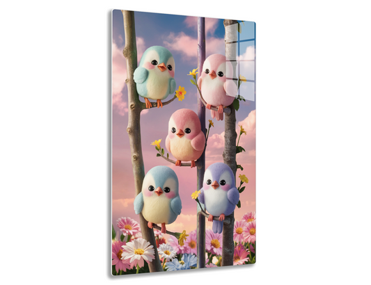 A group of five adorable, plump birds in pastel blue, pink, and purple colors perched on branches surrounded by blooming pink, yellow, and white flowers against a dreamy cloudy sky backdrop.
