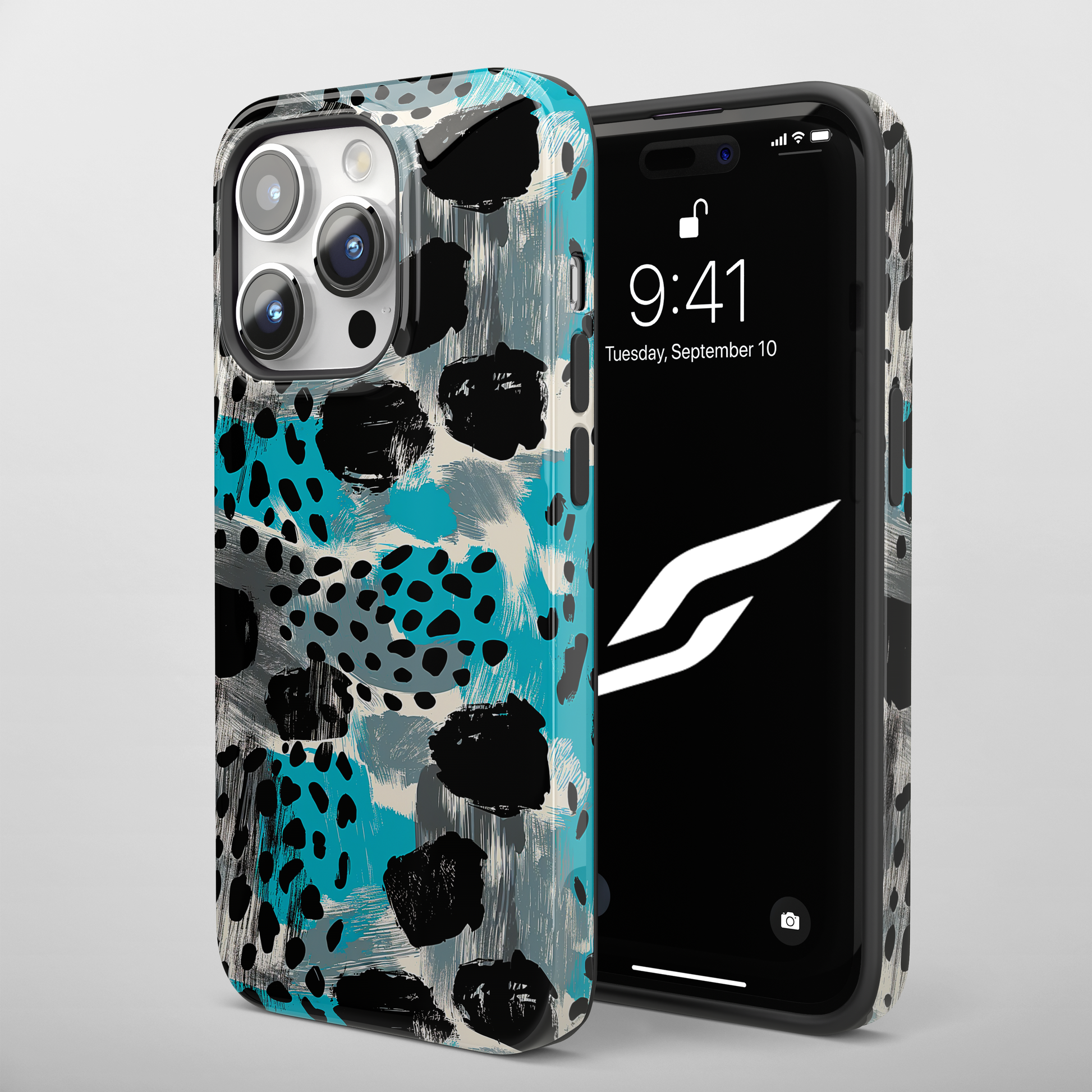 Teal Spots (iPhone Case 11-15)Elevate your iPhone's protection and style with RimaGallery's Trendy animal print pattern with teal accents On case, featuring dual-layer defense and a sleek, glossyRimaGallery