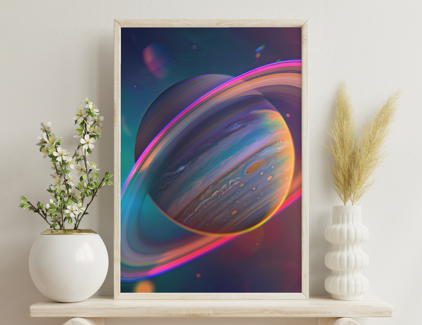 A surreal, colorful digital artwork depicting a swirling, gaseous planet or celestial body with vibrant neon rings encircling it against a dark cosmic background with glowing particles.
