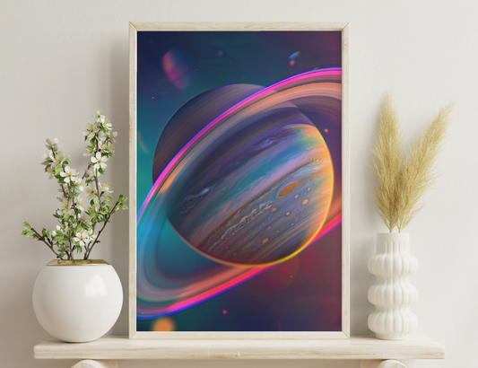 A surreal, colorful digital artwork depicting a swirling, gaseous planet or celestial body with vibrant neon rings encircling it against a dark cosmic background with glowing particles.
