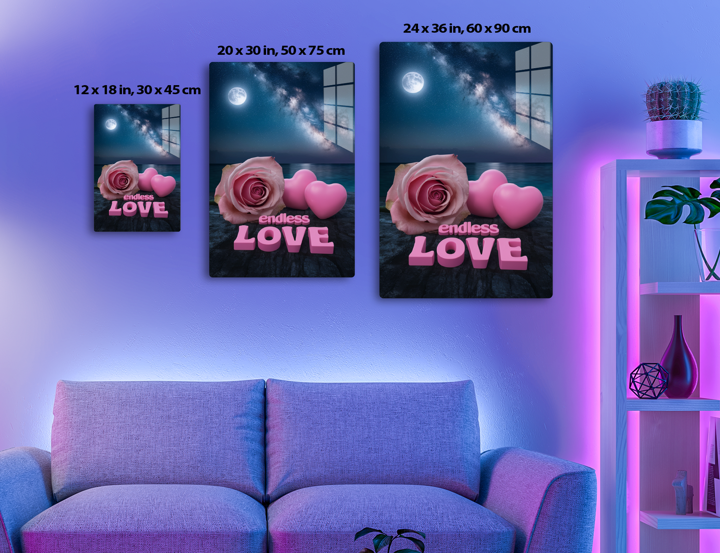 A full moon and Milky Way galaxy shine over a calm lake at night, with a pink rose, heart-shaped objects, and the text "endless LOVE" in the foreground, creating a romantic scene.
