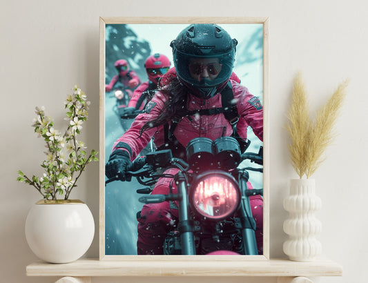 Snow-covered motorcyclists in bright pink insulated suits and helmets riding powerful bikes in wintry conditions. The focused rider in the foreground grips the handlebar tightly as snow flurries swirl around them.
