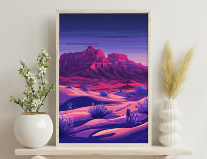 A vibrant desert landscape at night, with towering red rock formations against a starry purple sky. Undulating red sand dunes are dotted with blue-tinted shrubs and cacti, creating a surreal and visually striking
