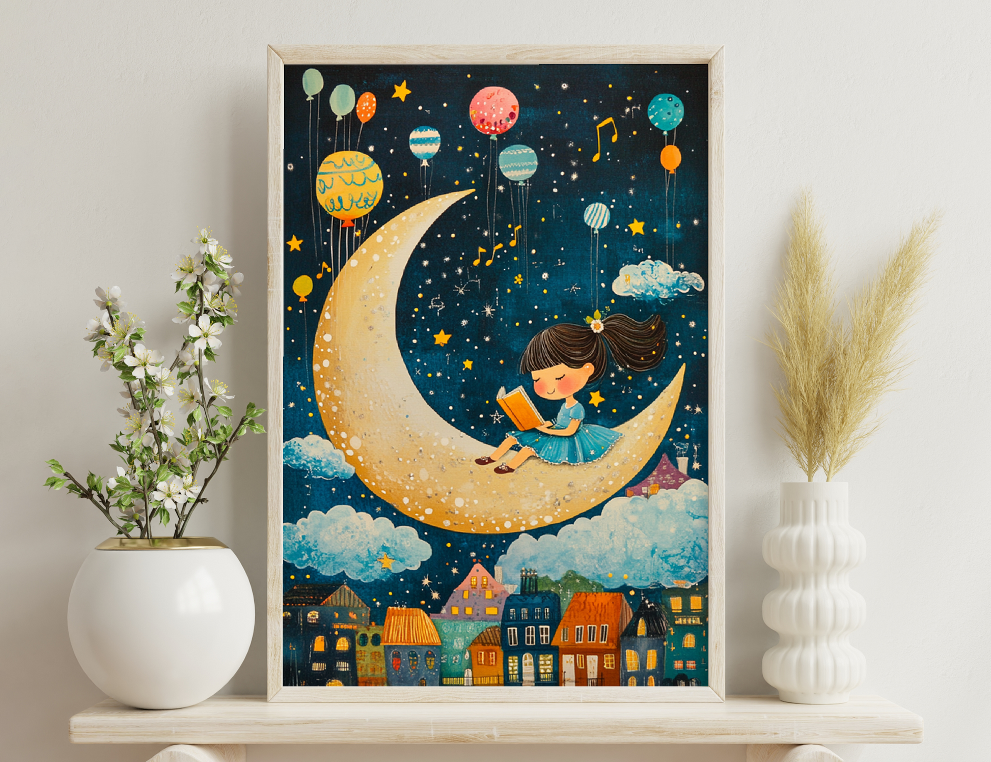 A whimsical illustration depicting a young girl reading a book while sitting on a crescent moon, surrounded by floating balloons, musical notes, stars, and a village below in a night sky.
