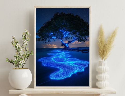 A glowing neon blue tree and swirling patterns on the water surface at night, creating a mesmerizing, otherworldly scene by the shoreline under a starry sky.
