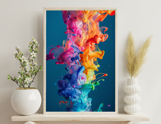 Vibrant fluid art splash with colorful swirls and droplets of blue, pink, orange, and yellow against a teal background, creating an abstract and dynamic composition.
