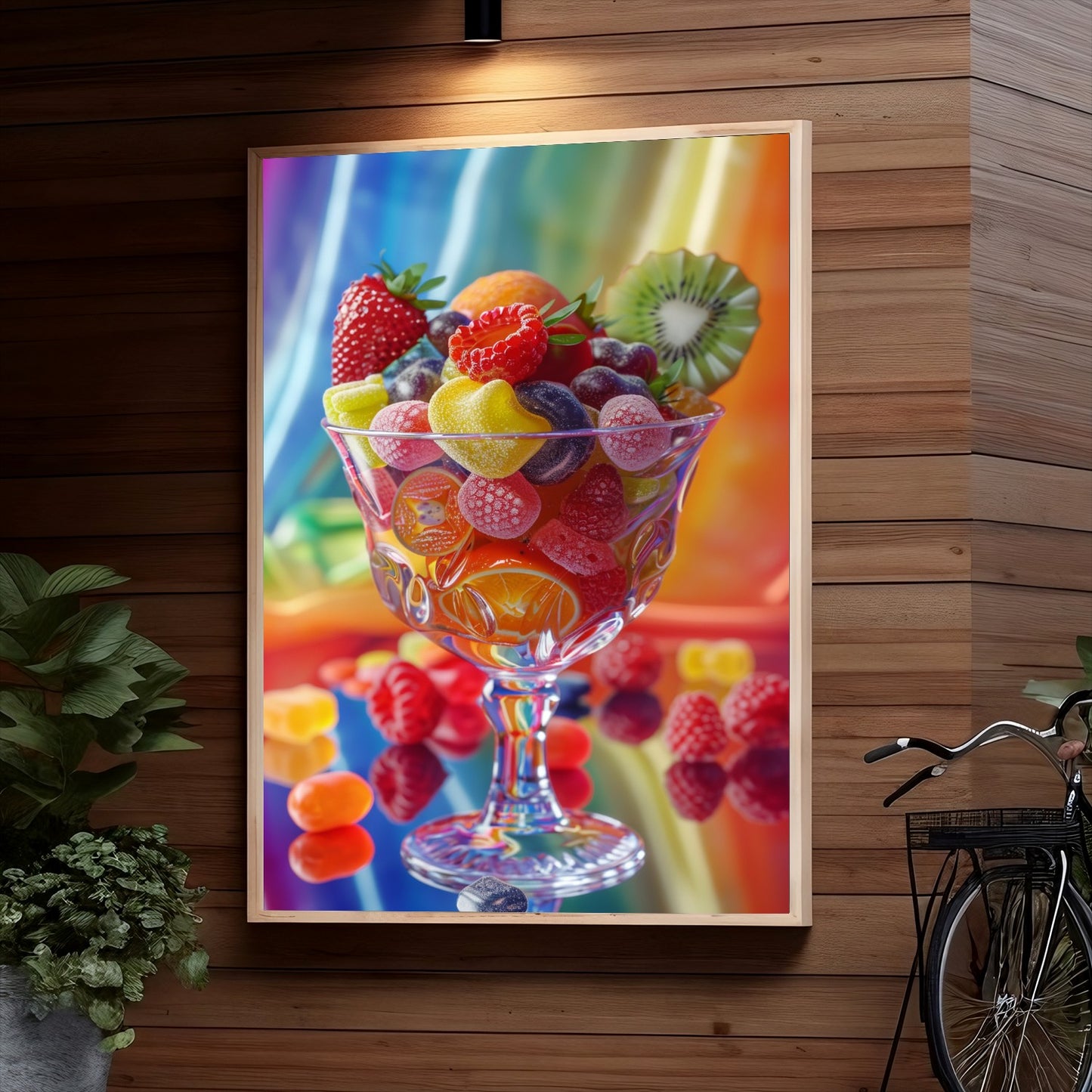 A glass bowl filled with colorful assorted candied fruits including strawberries, kiwi slices, and gummy candies, set against a vibrant rainbow-colored background.
