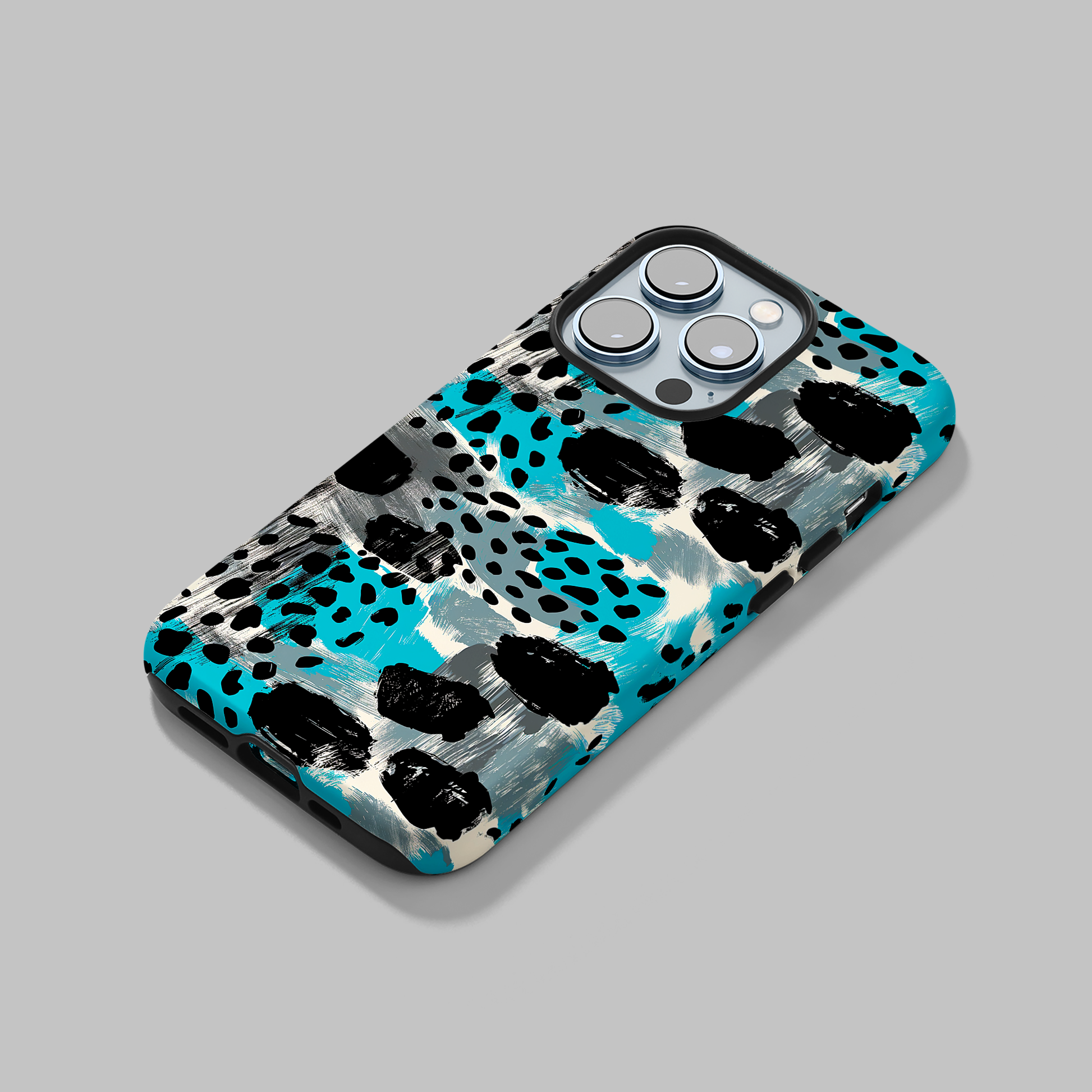 Teal Spots (iPhone Case 11-15)Elevate your iPhone's protection and style with RimaGallery's Trendy animal print pattern with teal accents On case, featuring dual-layer defense and a sleek, glossyRimaGallery