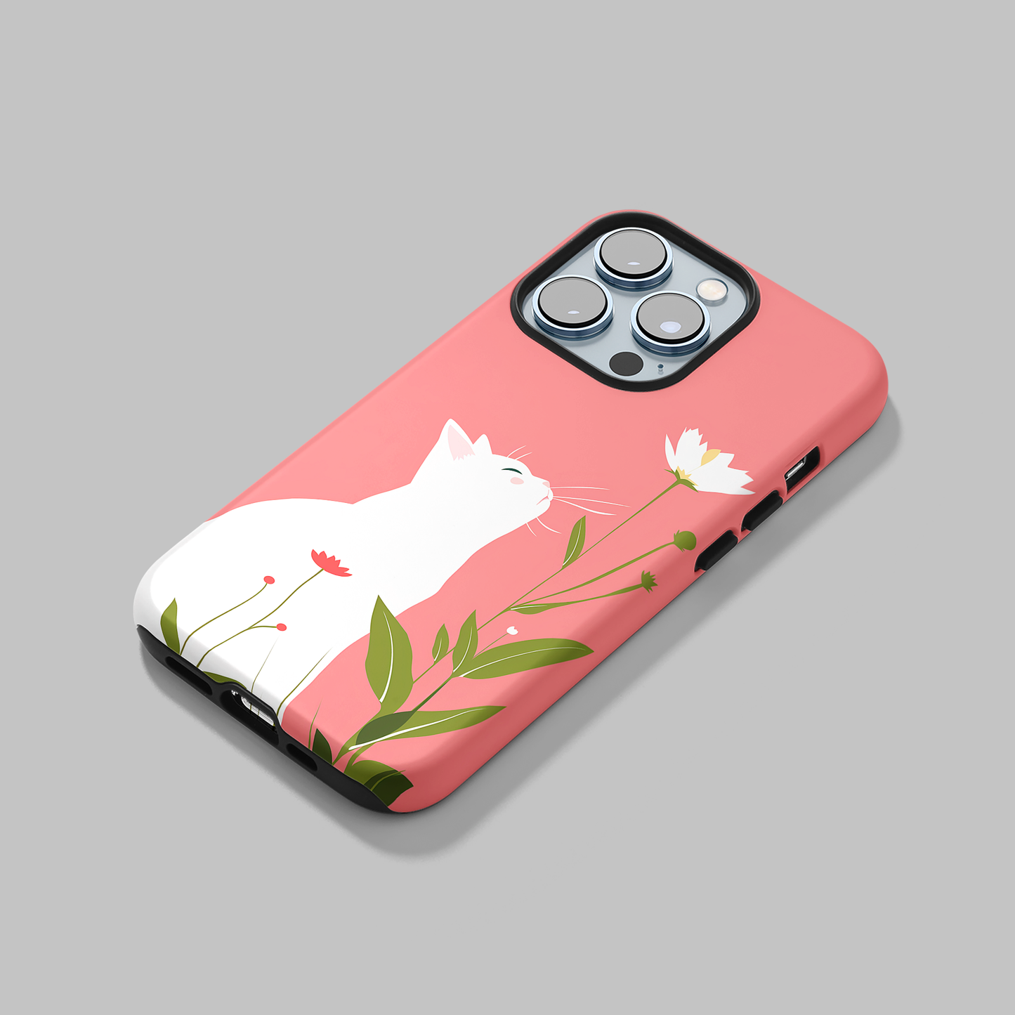 Blossom Gazer (iPhone MagSafe Case)Elevate your iPhone's protection and style with RimaGallery's A serene white cat admiring spring blossoms on a pastel pink on iphone MagSafe Case against a dark backRimaGallery