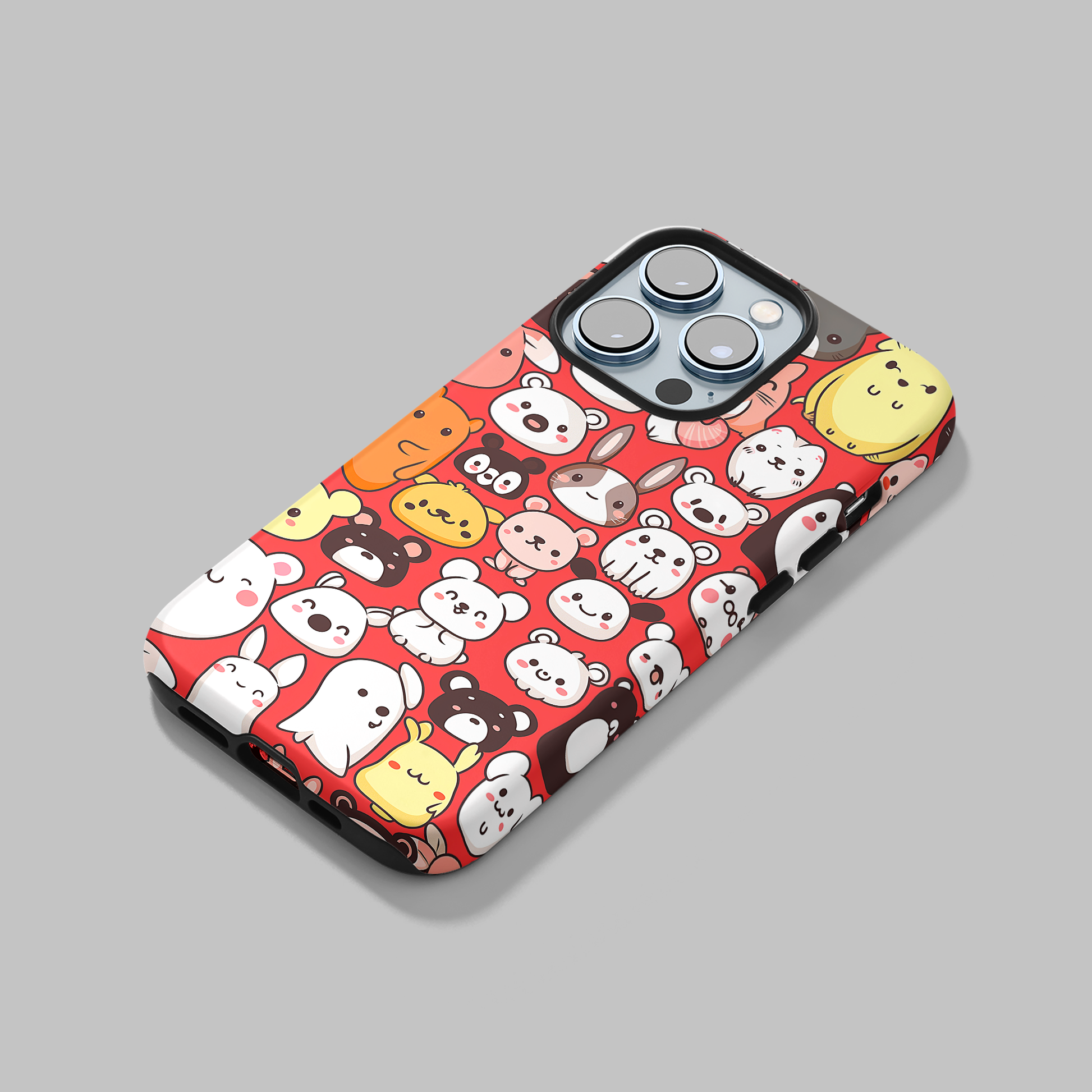 Critter Conga (iPhone Case 11-15)Elevate your iPhone's protection and style with RimaGallery's Cute assorted animals in a fun pattern On case, featuring dual-layer defense and a sleek, glossy finishRimaGallery