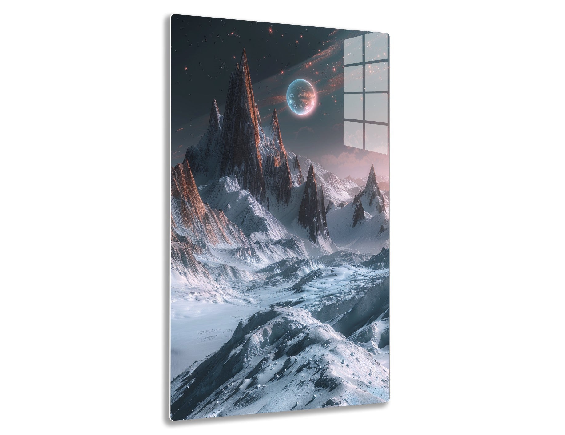 A surreal, alien landscape with towering snow-capped mountains and a glowing planet hanging in a star-filled night sky, creating an otherworldly and enigmatic scenery.
