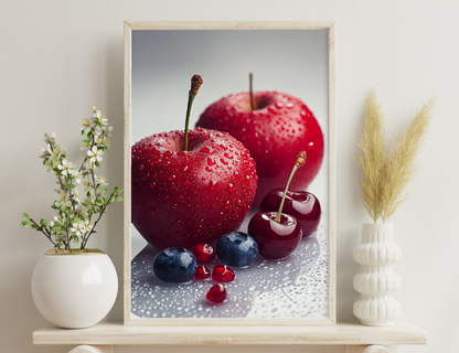 A close-up image showcasing a variety of vibrant red fruits - a ripe strawberry covered in water droplets, a shiny red apple, cherries, and blueberries on a wet surface, creating a visually appe
