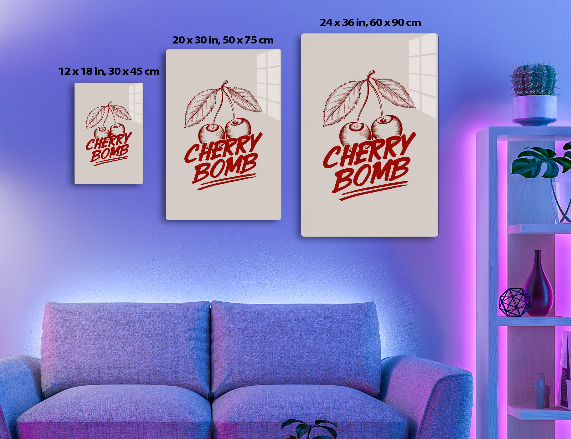 Vintage graphic illustration depicting two cherries with leaves and the text "Cherry Bomb" in a stylized red color on a light background.
