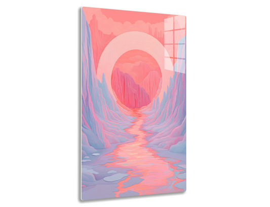 An abstract digital illustration depicting a canyon or tunnel-like passage with vibrant pink and coral hues, arched rock formations, and a winding stream or river reflecting the warm colors of the environment.

