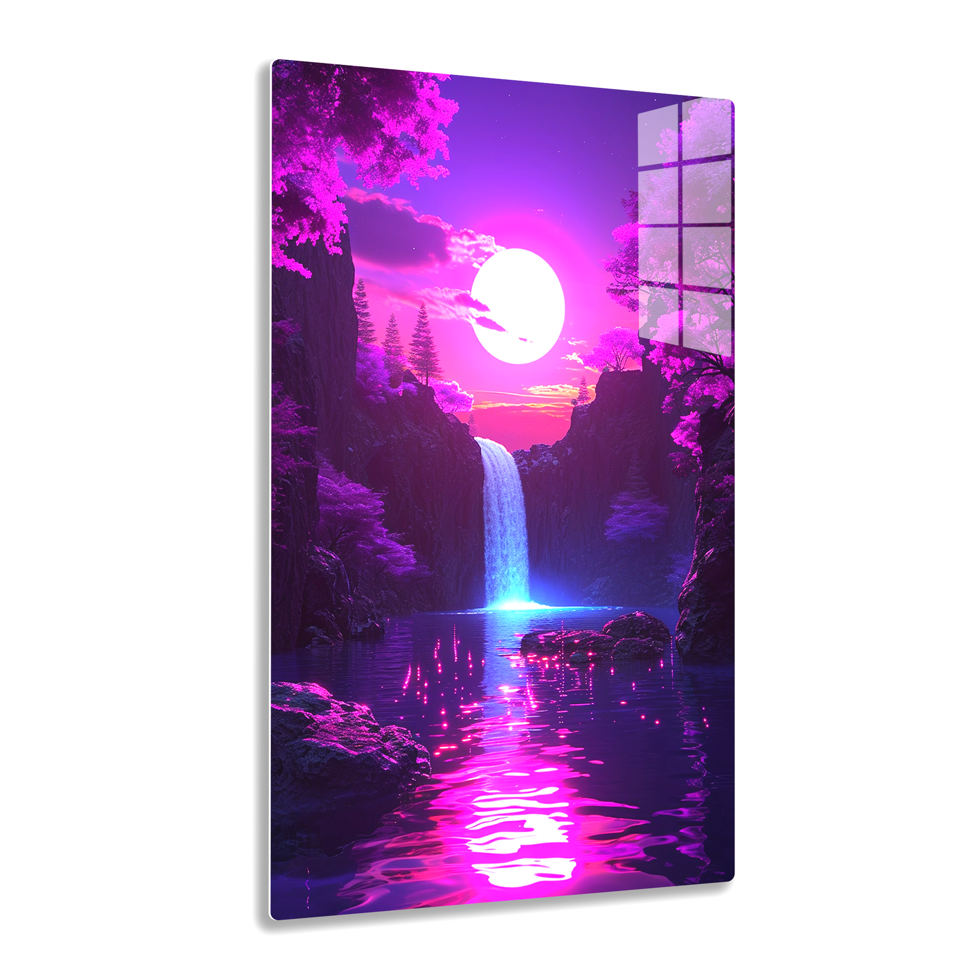 Moonlit Cascade (Acrylic)Make a statement with Moonlit Cascade acrylic prints. The 1⁄4" acrylic panel exudes the illusion of a smooth glass surface for vibrant artwork. Pre-installed hangingRimaGallery