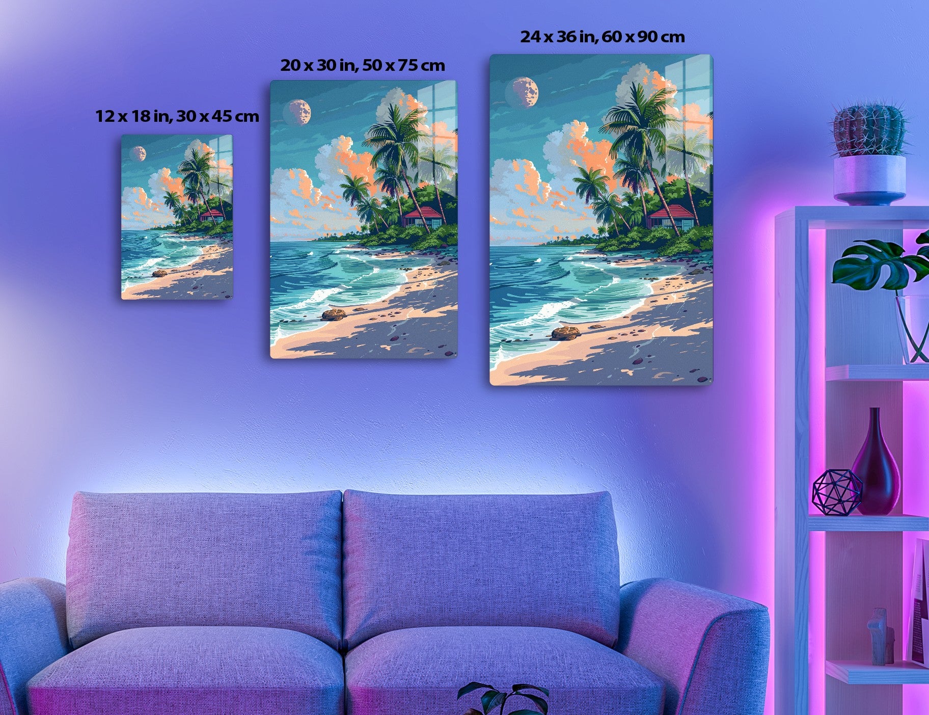 A picturesque sunset beach scene with tall palm trees, a small house, orange clouds in a blue sky with a crescent moon, and waves gently lapping on the sandy shore.
