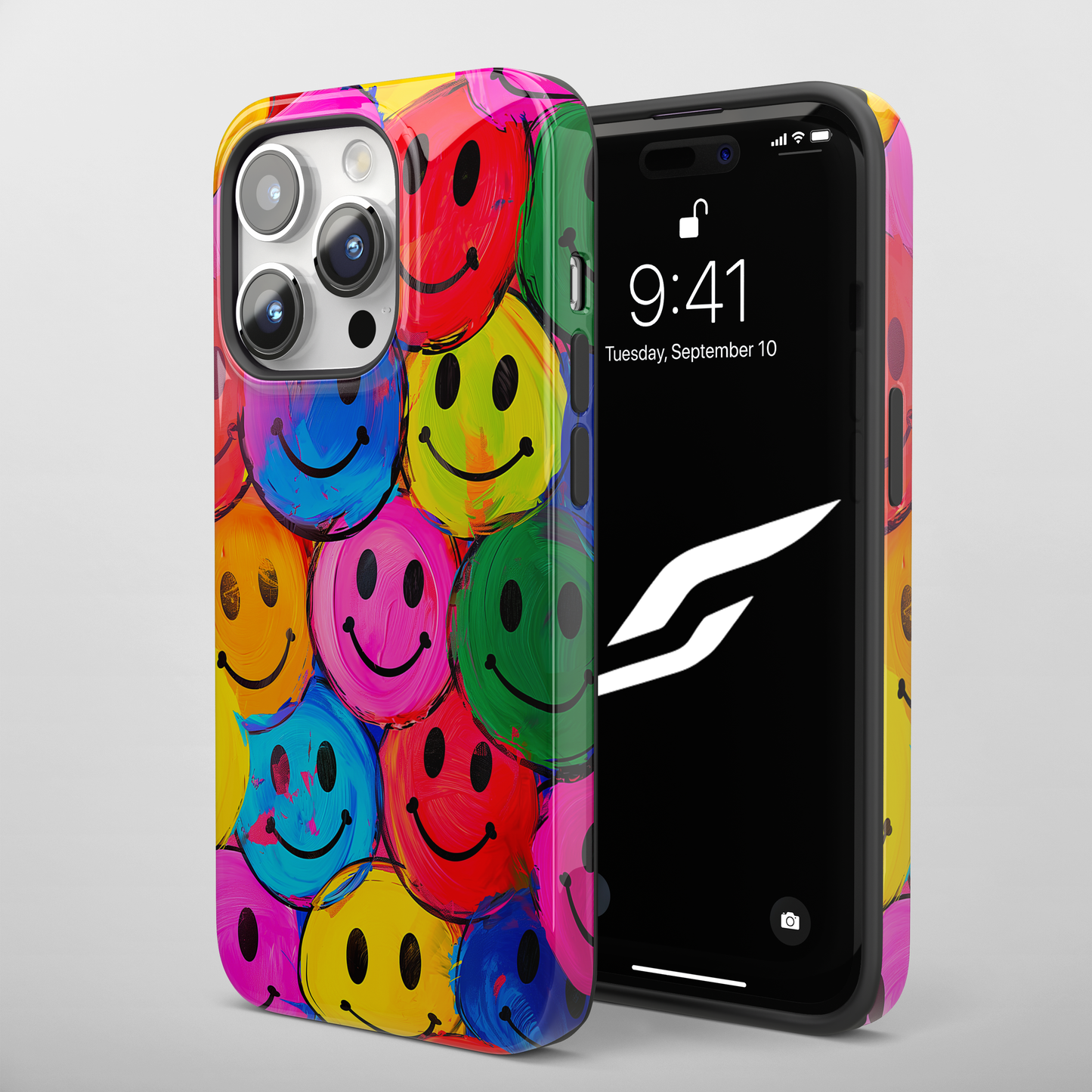 Colorful Smiley Face (iPhone Case 11-15)Elevate your iPhone's protection and style with RimaGallery's Colorful smiley face On case, featuring dual-layer defense and a sleek, glossy finish. Free US shippingRimaGallery