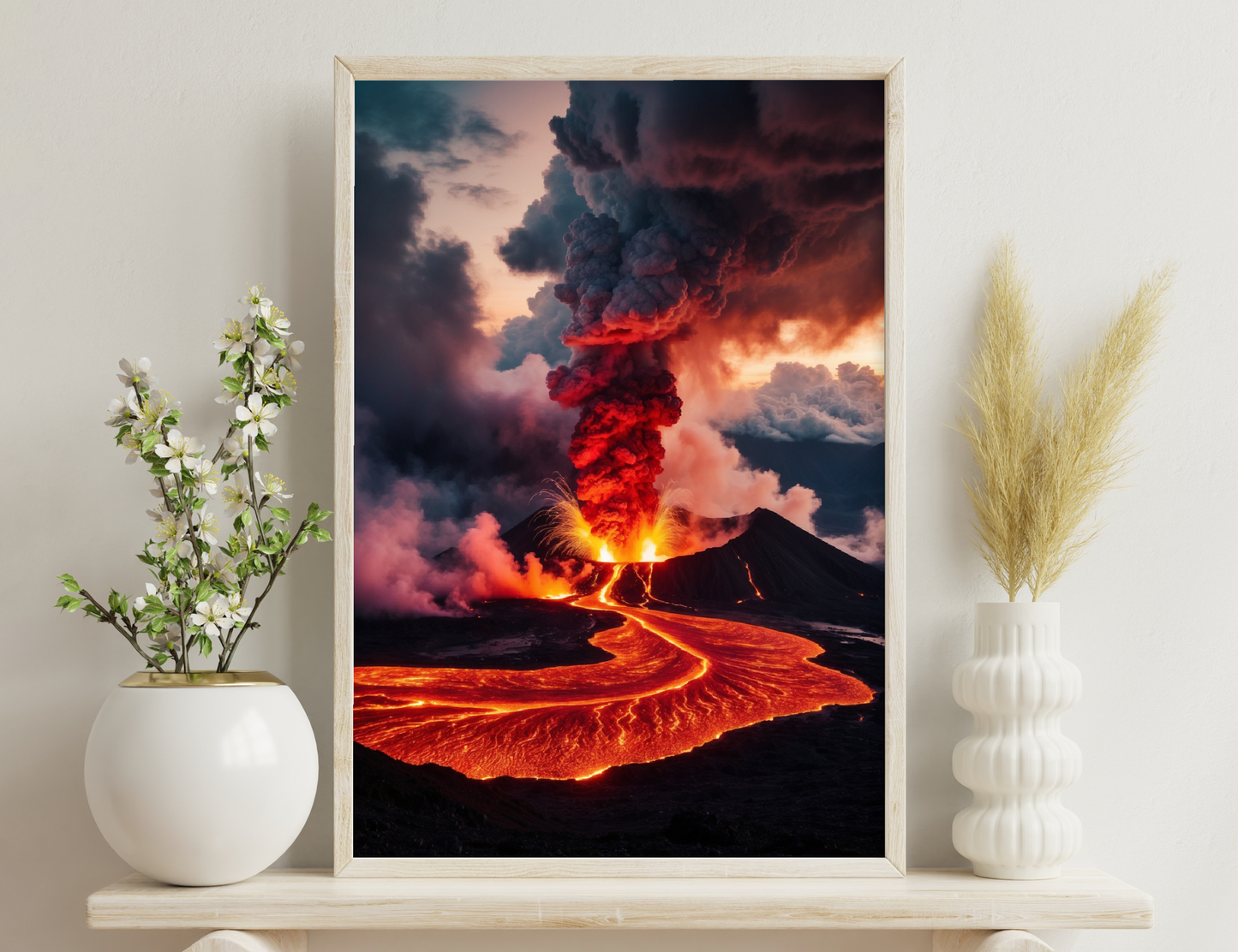 Erupting volcano spewing thick plumes of ash and smoke into a dramatic orange and red sky, with glowing red-hot lava flows cascading down its slopes.
