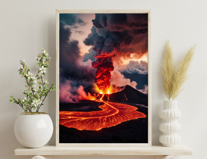 Erupting volcano spewing thick plumes of ash and smoke into a dramatic orange and red sky, with glowing red-hot lava flows cascading down its slopes.
