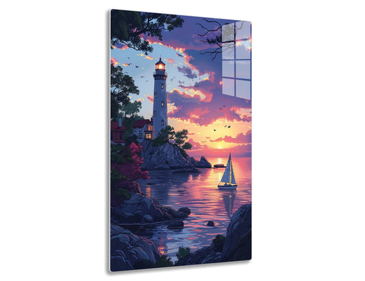 A picturesque sunset over a serene bay with a tall lighthouse on a rocky shore, a sailboat gliding across the calm waters reflecting the vivid colors of the sky, and birds soaring amidst twisted trees.
