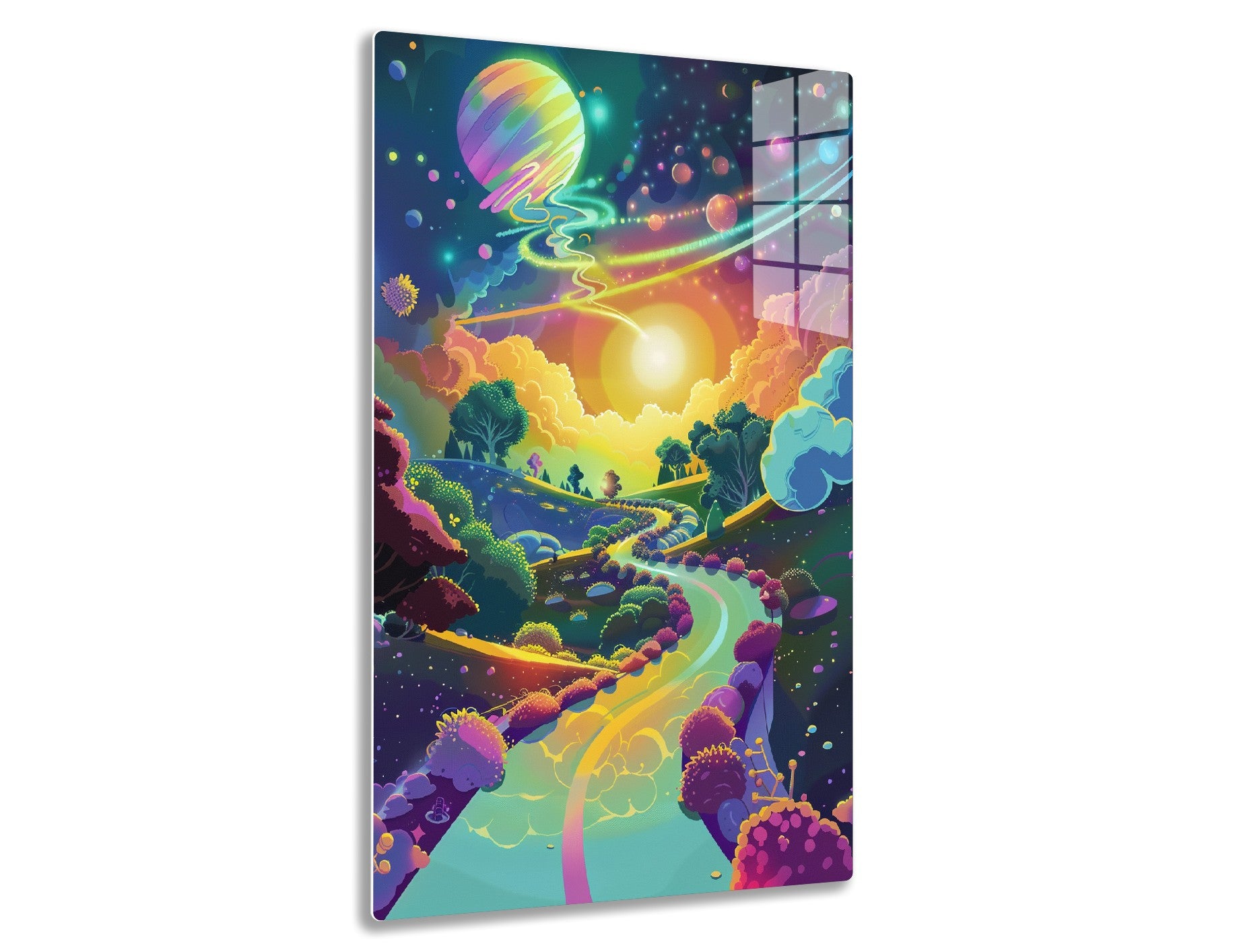 A vibrant psychedelic landscape with a colorful striped planet in the sky, winding rivers, whimsical trees, and celestial elements like comets, stars, and cosmic clouds creating a surreal, dreamlike scene.
