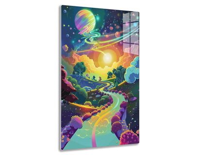 A vibrant psychedelic landscape with a colorful striped planet in the sky, winding rivers, whimsical trees, and celestial elements like comets, stars, and cosmic clouds creating a surreal, dreamlike scene.
