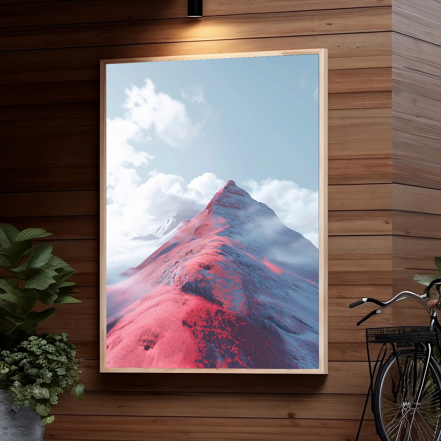 A snow-capped mountain peak with vibrant red and gray stripes, surrounded by wispy white clouds against a blue sky, creating a surreal and otherworldly landscape.
