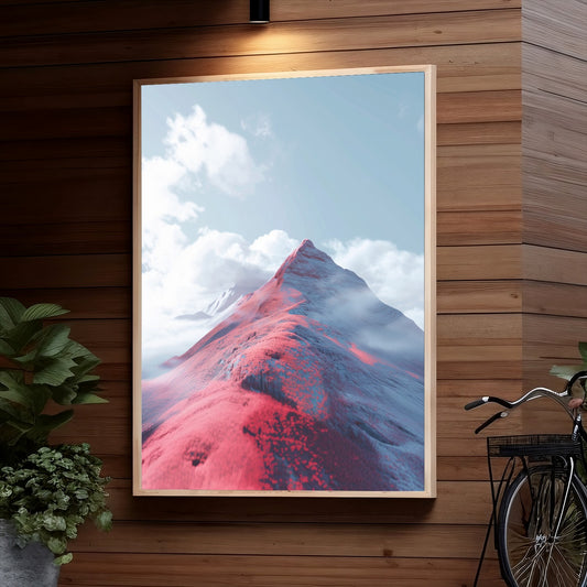 A snow-capped mountain peak with vibrant red and gray stripes, surrounded by wispy white clouds against a blue sky, creating a surreal and otherworldly landscape.
