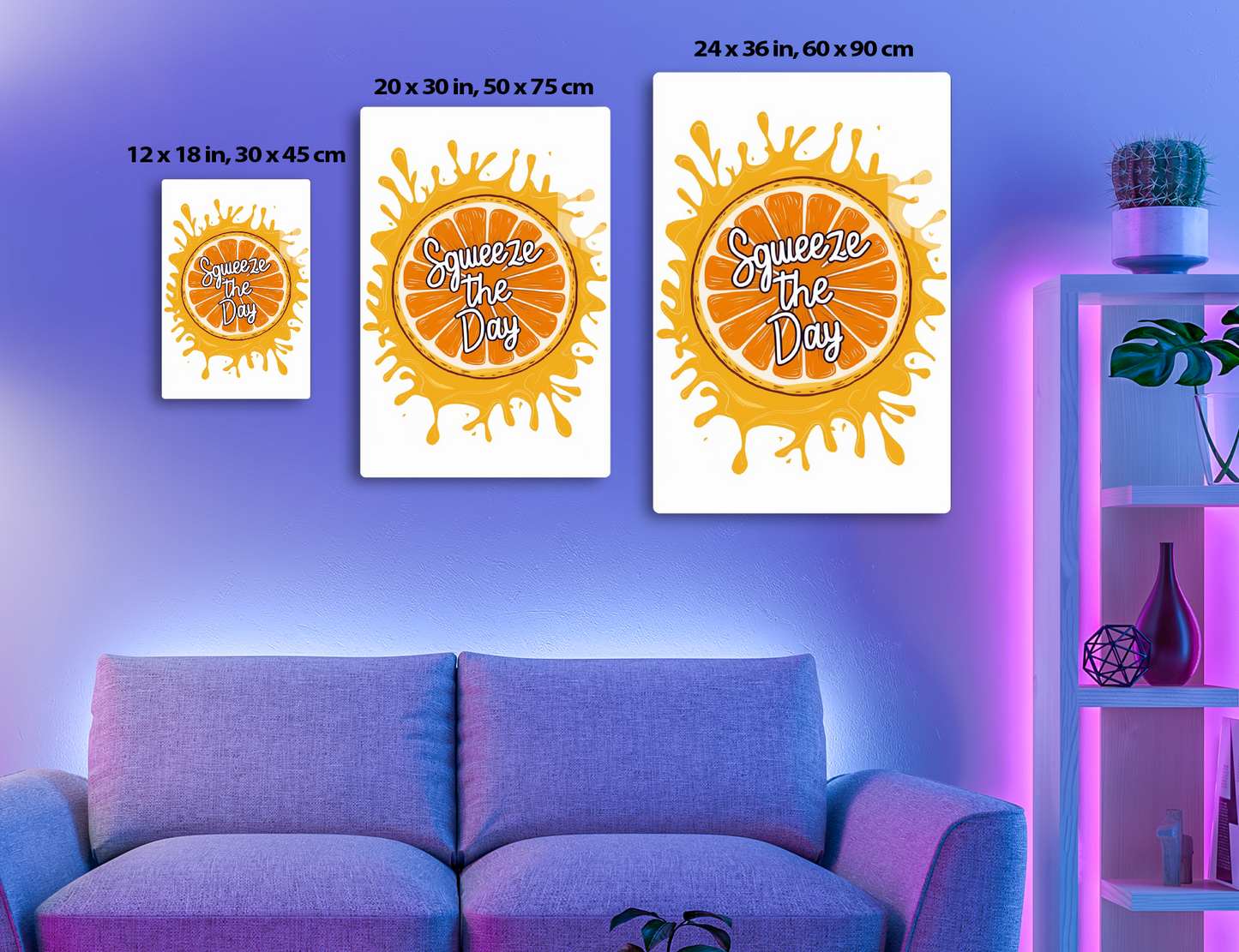 An orange illustration with the text "Squeeze the Day" in the center, surrounded by a splashing orange juice graphic.
