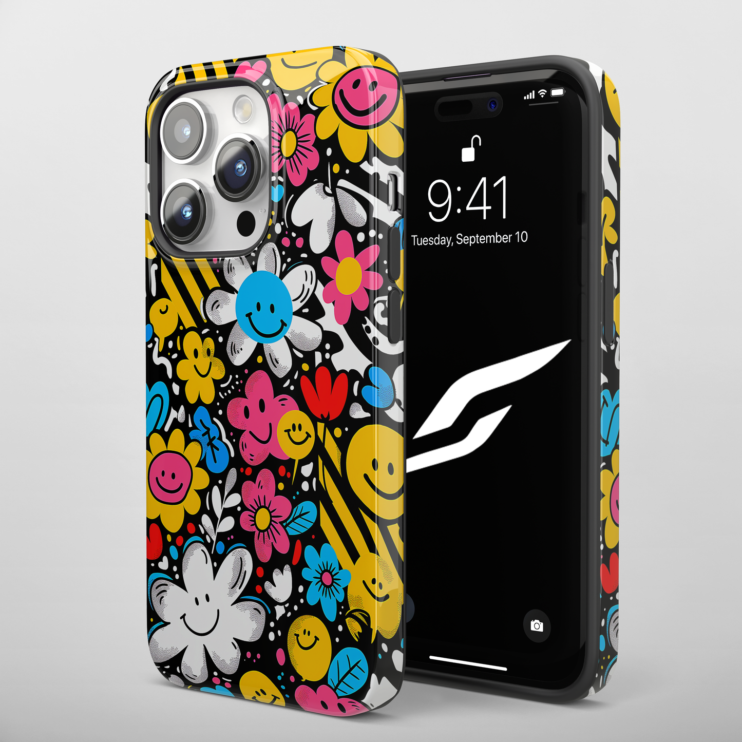 Cheerful Smiley Faces  (iPhone Case 11-15)-Elevate your iPhone's protection and style with RimaGallery'sA playful phone case with a cheerful mix of smiley faces and colorful flowers On case, featuring dual-la-smiley faces