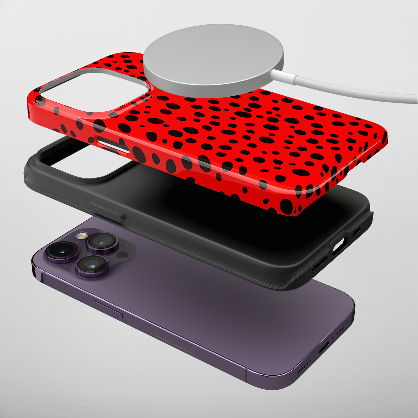 Dotted Delight - Red (iPhone MagSafe Case)Elevate your iPhone's style with the Red backdrop with varied black dots MagSafe Case, offering robust protection, MagSafe compatibility, and a choice of matte or glRimaGallery