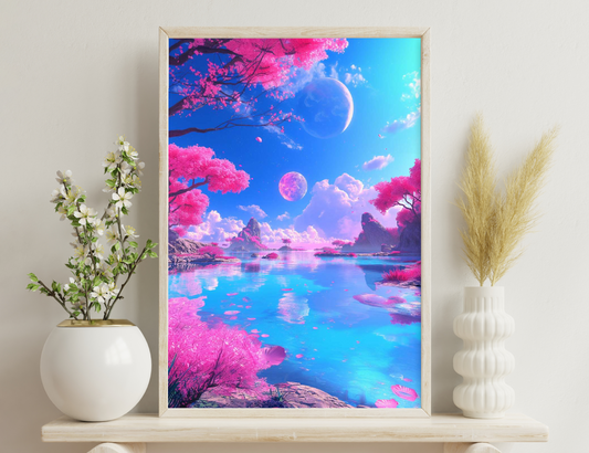 A surreal landscape featuring two large moons, vibrant pink cherry blossom trees, mountains, and a serene lake reflecting the colorful sky and falling petals, creating a dreamlike and whimsical scene.
