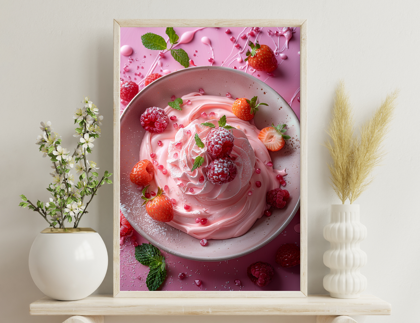 A delectable pink berry mousse dessert adorned with fresh strawberries, raspberries, and mint leaves, creating a vibrant and inviting presentation.
