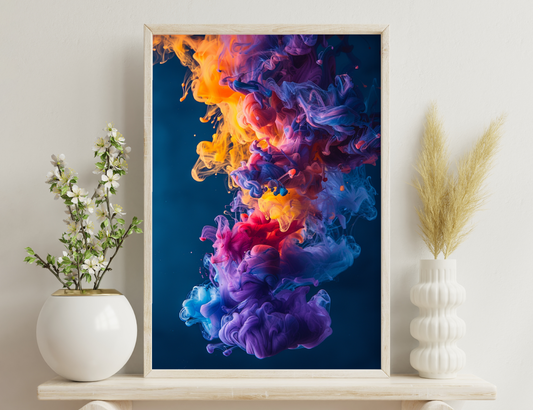 Vibrant, swirling plumes of brightly colored smoke against a dark blue background, resembling an abstract explosion of vivid oranges, reds, purples, and hints of blue.
