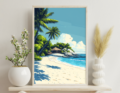 A tropical beach scene with palm trees, a thatched hut on rocky outcrop, white sandy beach, and calm blue waters under a cloudy sky.
