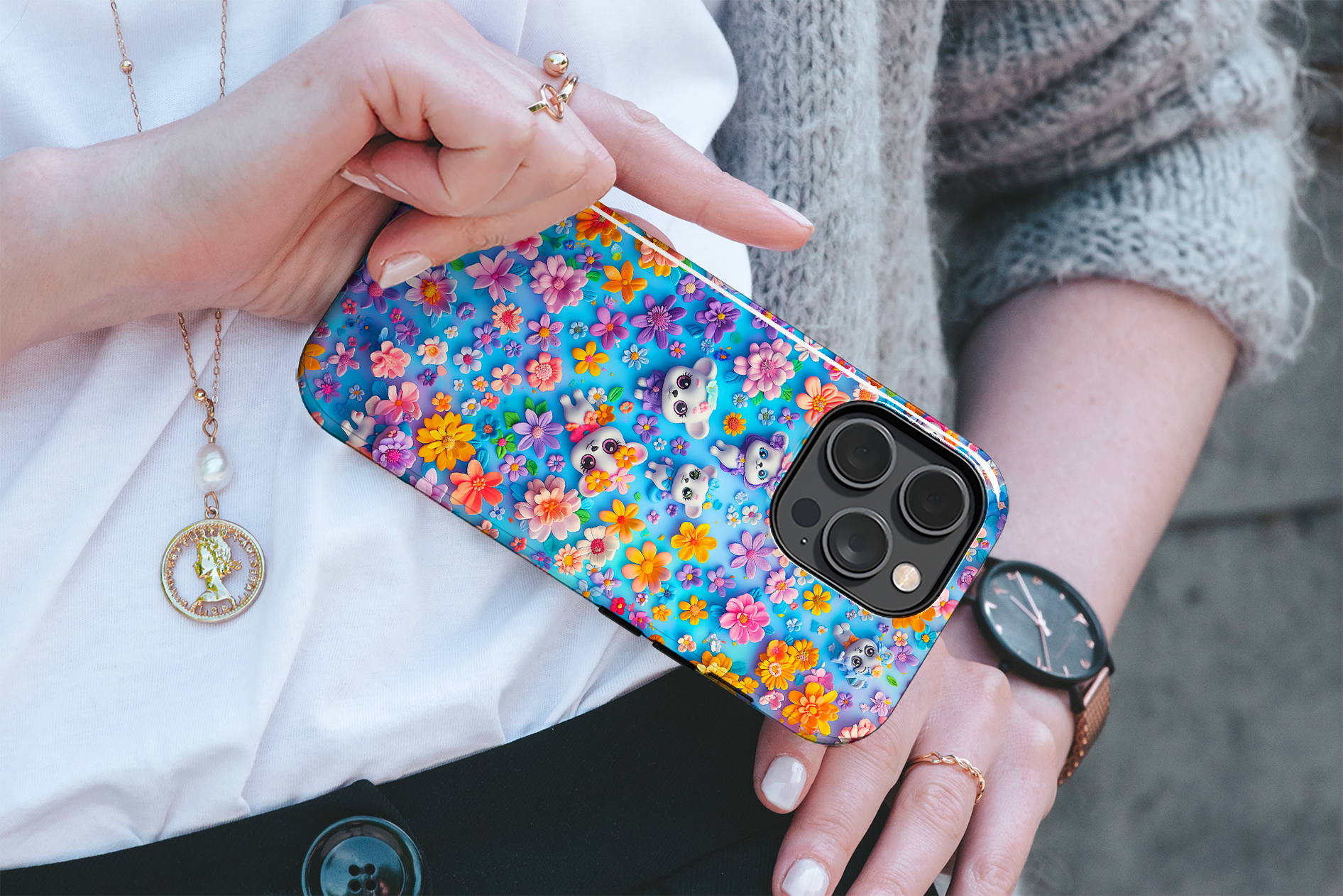 Elevate your iPhone's protection and style with RimaGallery's Vibrant floral and kitten-themed phone case, featuring dual-layer defense and a sleek, glossy finish. F-Floral Kittens (iPhone Case 11-15)