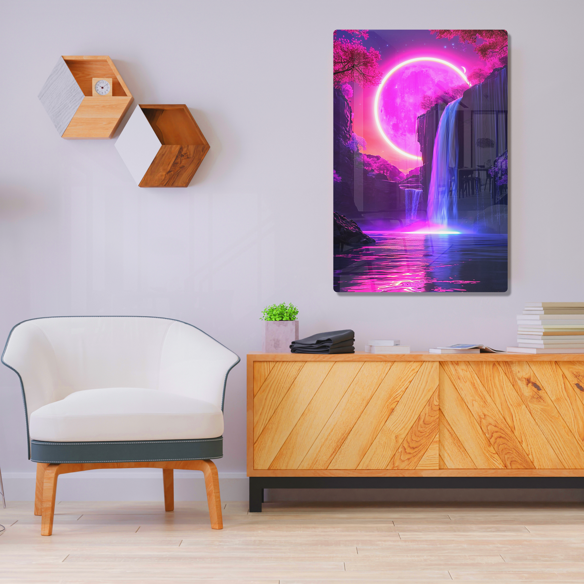 Magenta Moonfall (Acrylic)Make a statement with Magenta Moonfall acrylic prints. The 1⁄4" acrylic panel exudes the illusion of a smooth glass surface for vibrant artwork. Pre-installed hanginRimaGallery
