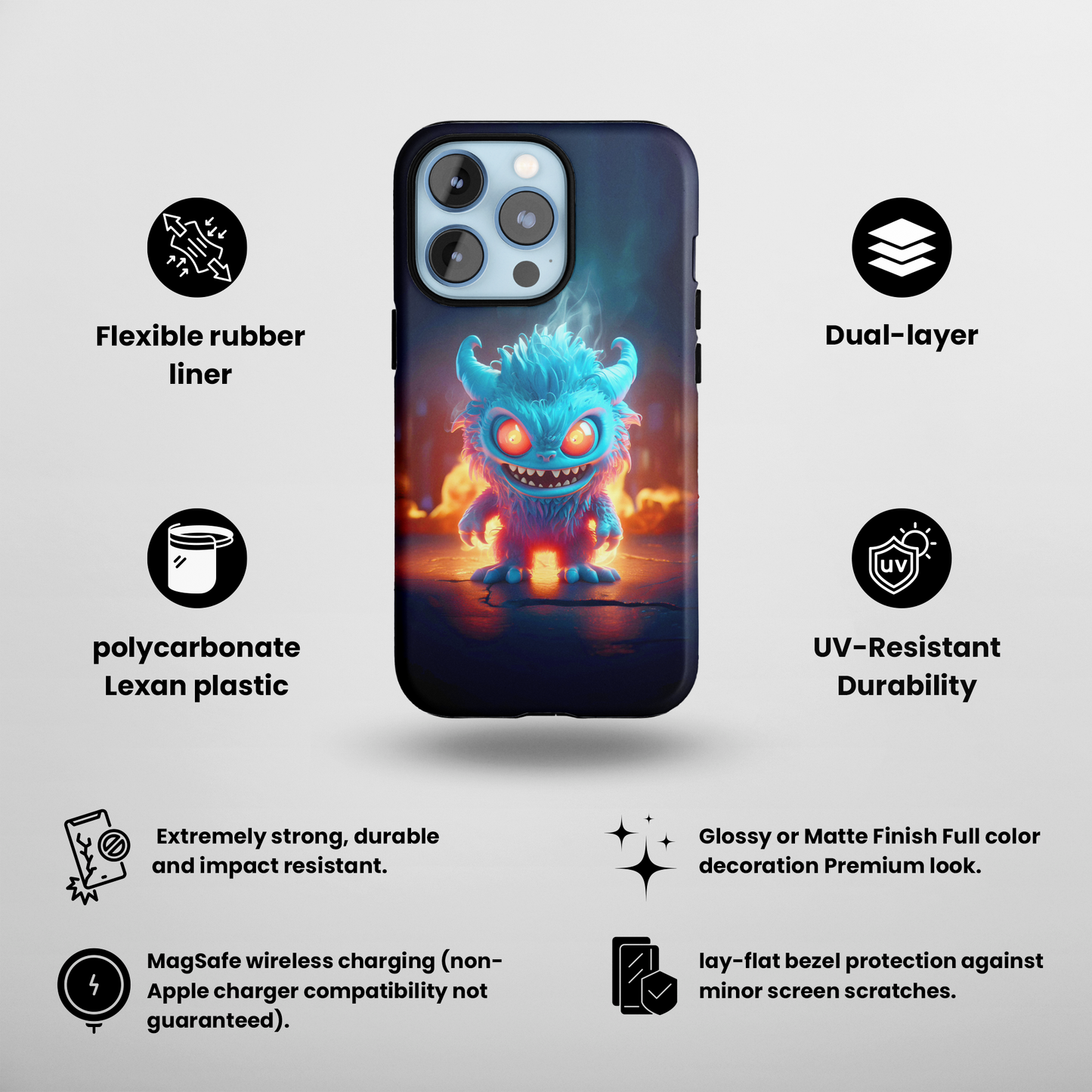 Fiery Monster (iPhone MagSafe Case)Revolutionize your iPhone's look and feel with RIMA Tough Phone Case – ultimate protection meets elegant style for iPhone 11-15. Grab yours now! 🛡️📱RimaGallery